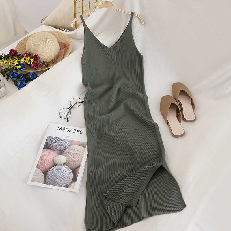 OCEANLOVE V Neck Solid Knitted Dresses Casual All Match Simple Fashion Korean Women Dress Elegant Vestidos Clothes 15517 210630