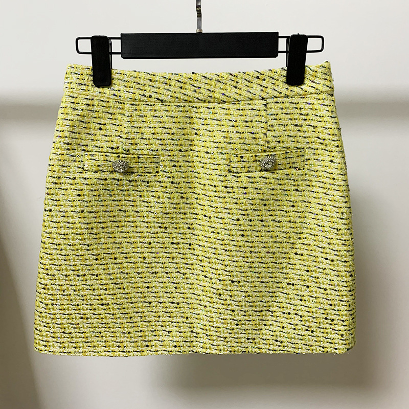 New Personality Top Quality Original Design Women's Three Piece Sets Tweed Tank Top Coat Skirt Crystal Diamond Button Sequins