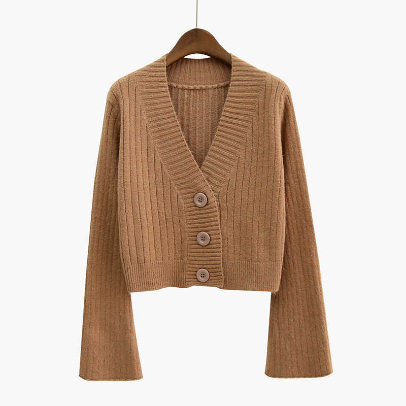 Cardigan Fall Long Flare Sleeve Short Sweater Women Ribbed Knitted Cotton Tops Black White Ladies Soft Outwear Female 10937 210528wtt