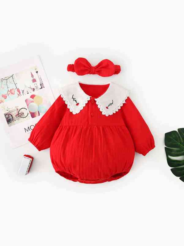 Peninsula Baby Button Front Peter Pan Collar Bodysuit With Headband SHE