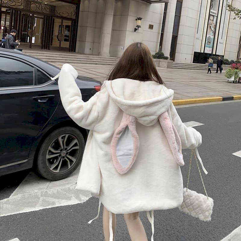 Women Faux Fur Jacket female tops Thick Mid-length Cute Hooded Winter Rabbit Ears Faux Rex Rabbit Plush Fur Coat Soft Girl 211123