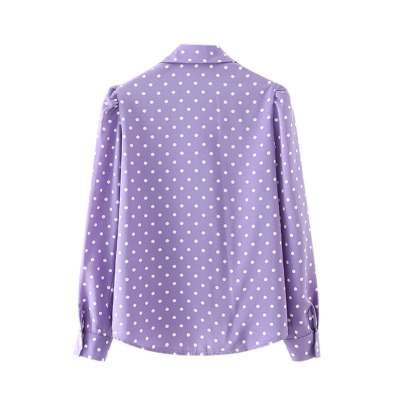 Women's Purple Polka Dot Puff Sleeve Blouse - Elegant Chic Turn Down Collar Top