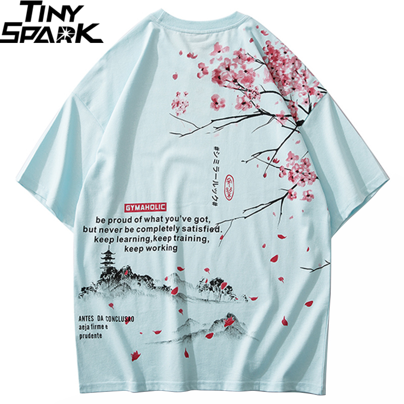 Men Hip Hop T Shirt Streetwear Japanese Sakura Painting Tshirt Short Sleeve Cotton Summer Harajuku T-Shirt Japan Style Pink 210225