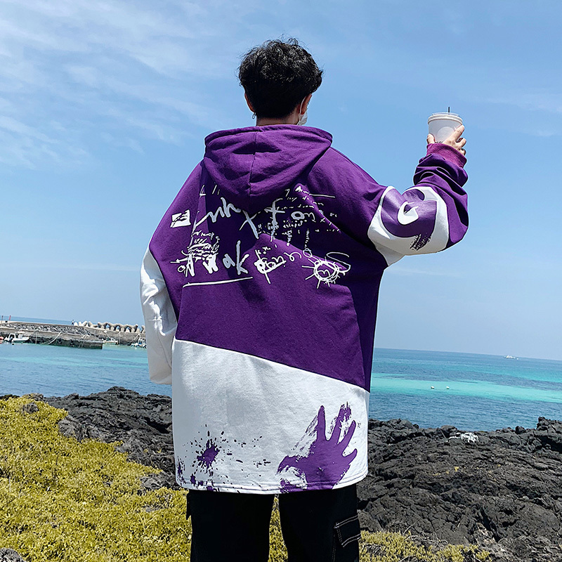 SingleRoad Men's Hoodies Men Oversized Patchwork Graffiti Harajuku Japanese Streetwear Hip Hop Purple Sweatshirt Hoodie Men 201103