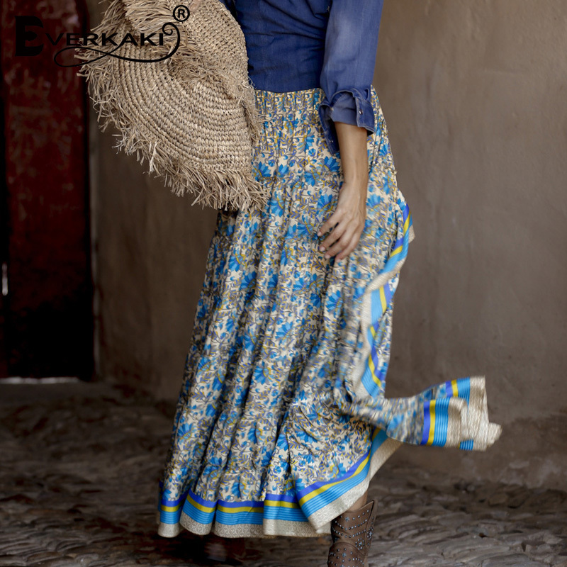 Everkaki Boho Print Long Skirts Women Bottoms Elastic Waist Gypsy Ethnic Ladies Skirt Female Spring Summer Fashion 210306