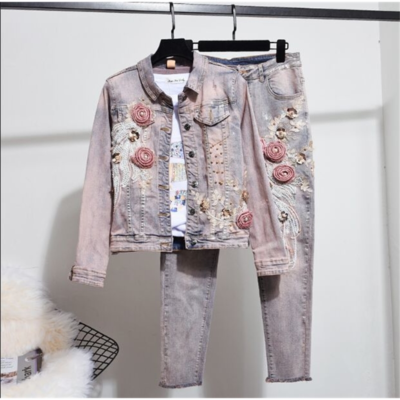 Spring Summer New Jeans Set Womens Two Piece Sets Sequined Embroidered Denim Waistcoat Slim Jeans Plus Size Shorts Suit T200325