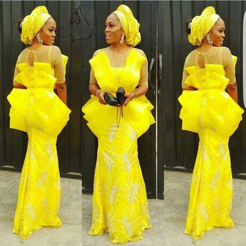 Ebi Prom Aso Yellow Dresses Mermaid Ruffles Appliqued Beading Sheer Neck Half Sleeves Evening Dress Nigerian Party Gowns