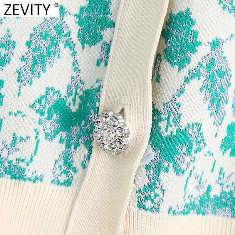Zevity Women Fashion V Neck Floral Print Jacquard Short Knitted Sweater Female Chic Puff Sleeve Cardigans Crop Tops SW837 210918