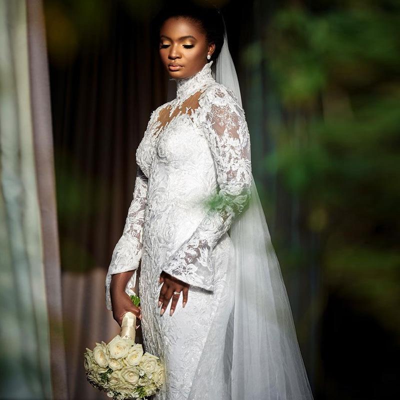African Plus Size Mermaid Dresses 2021 High Neck Lace Applique Sweep Train Long Sleeves Wedding Bridal Gown Vestido De Novia