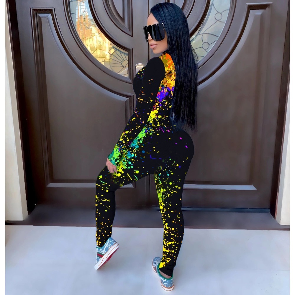 Women Long Sleeve Onesie Streetwear Splashed Ink Sexy Bodycon Jumpsuit Women Overalls Skinny Rompers Fall Fashion Clothing 201007