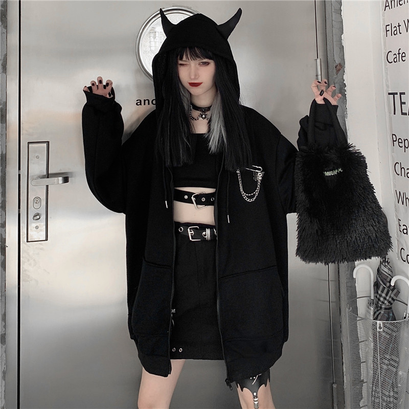 HOUZHOU Gothic Sweatshirt Women Autumn Winter Fashion Punk Women Hoodies Long Sleeve Cotton Zip Up Hoodie Black Loose Pullover 201211
