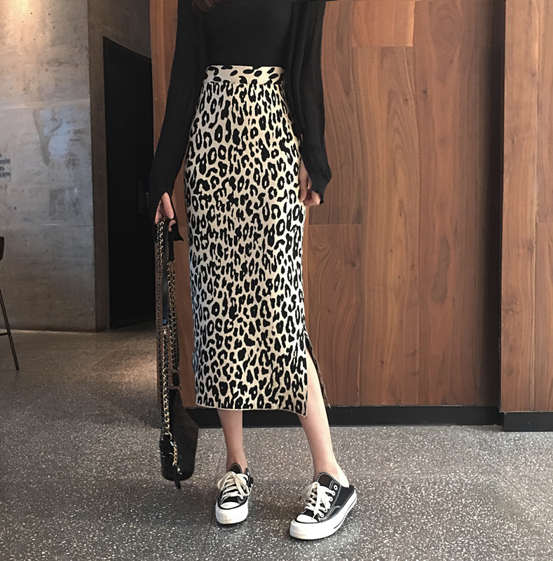 early spring long slit knitted leopard skirt women high waist knitted skirt 210306