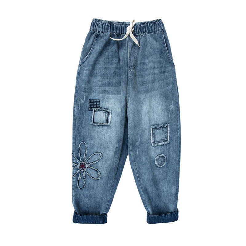 9261 Women Fashion Elastic Waist Vintage Patchwork Floral Embroidery Ankle Length Harem Denim Pants Female Casual Loose Jeans 210922