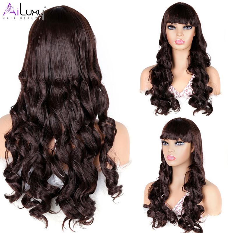Synthetic Wigs AILUXY Long Dark Brown Women's With Bangs Body Wave Heat Resistant For Black Women African American Hair