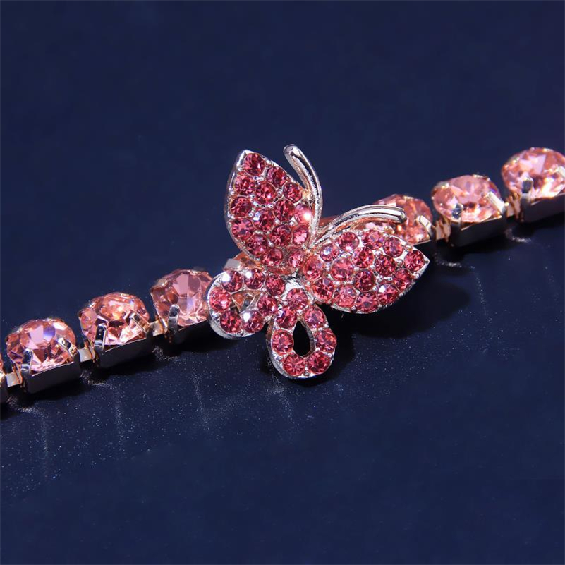 Iced Out Tennis Chains Butterfly Necklaces 6mm Bling Rhinestone Hip Hop Jewelry Silver Gold Pink Fashion Women Animal Collar Necklace Gifts