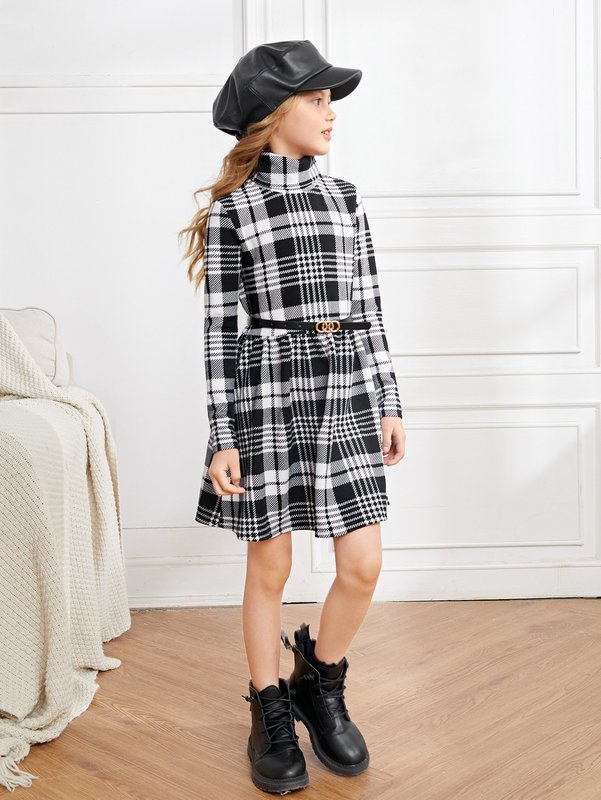 Girls Plaid Print Dress Without Belt SHE