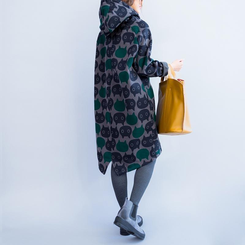 Plus Size Cat Print Hoodies Autumn Winter Kawaii Cartoon Women Vintage Long Hooded Sweatshirt Velvet Thick Hoodie Dress 201113