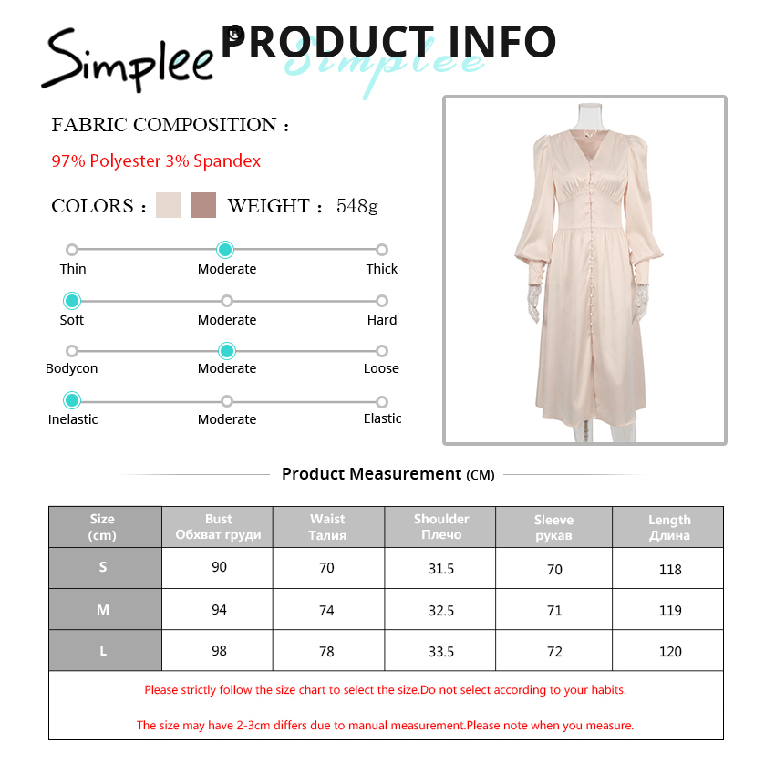 Elegant spring satin bishop sleeve aline dres Vneck high waist button dress solid Vintage long dresses chic 210309
