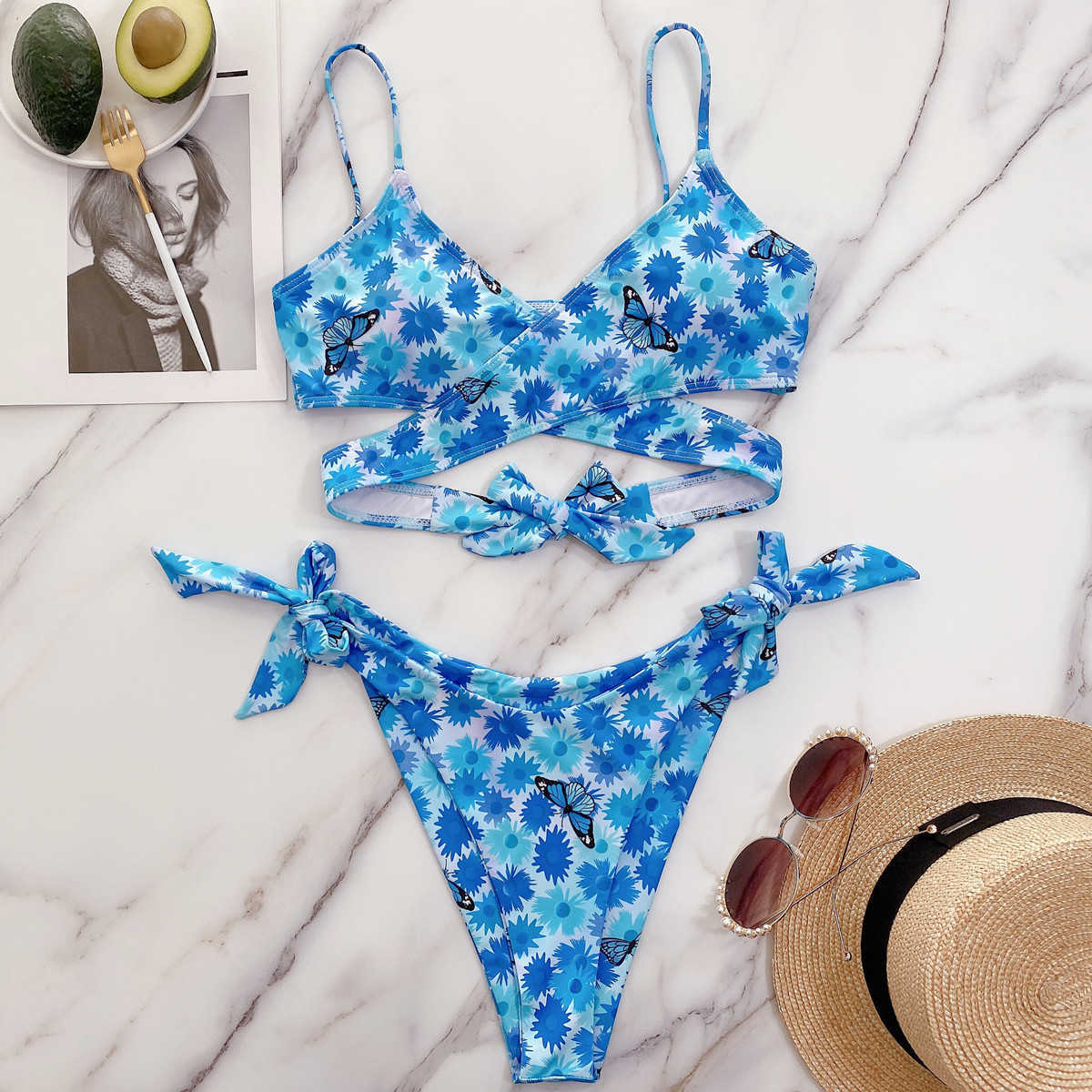 Blue Butterfly Printed Sling Bikini Summer Sexy Side Lace-up Low Waist Micro Thong Set Push Up Pool Party 2 Piece 210604