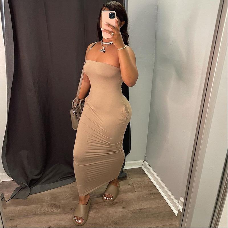 Casual Dresses Sexy Tube Top Long Maxi Dress With Pockets Summer For Women 2021 Oversized Bodycon Party Clubwear