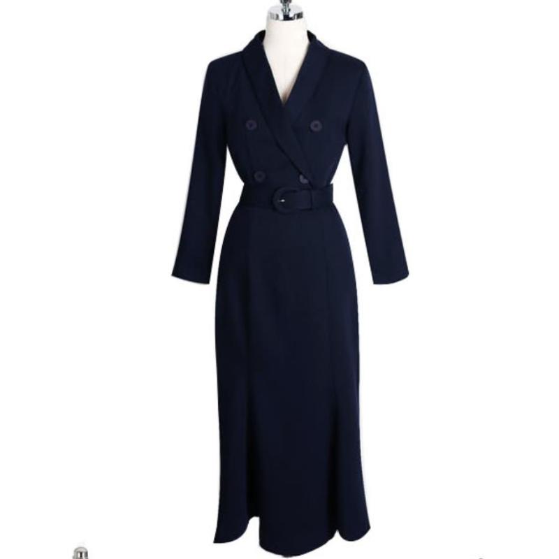 Casual Dresses Office Ladies V-neck Double Breasted Blazer Trumpet Dress Belted Women Business Slim Mermaid