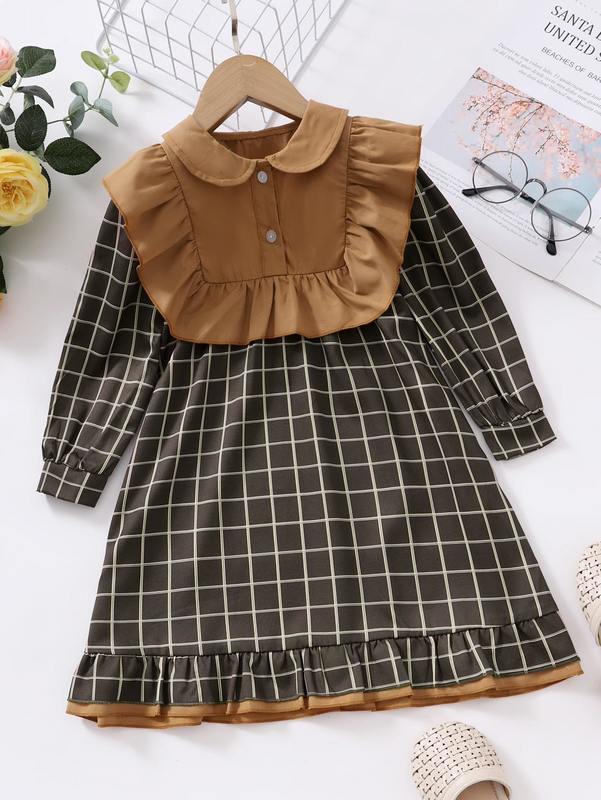 Toddler Girls Windowpane Print Contrast Panel Ruffle Trim Dress SHE