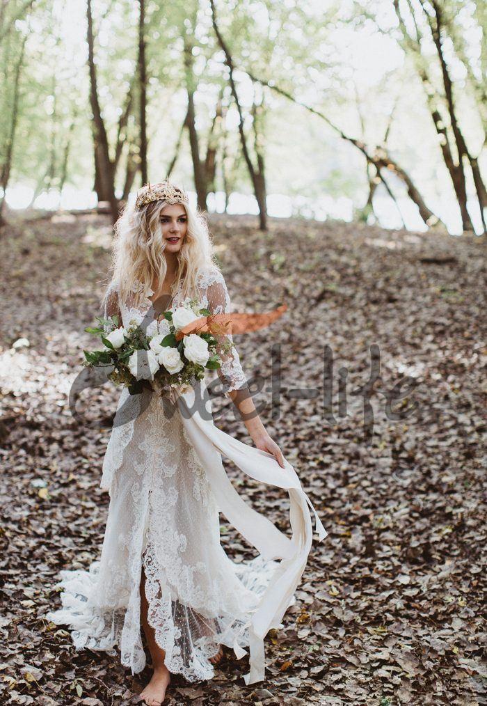 Boho Country Dresses with 3/4 Long Sleeves Lace Applique Sweep Train Scalloped V Neck Custom Made Beach Wedding Gown Vestido 403 estido