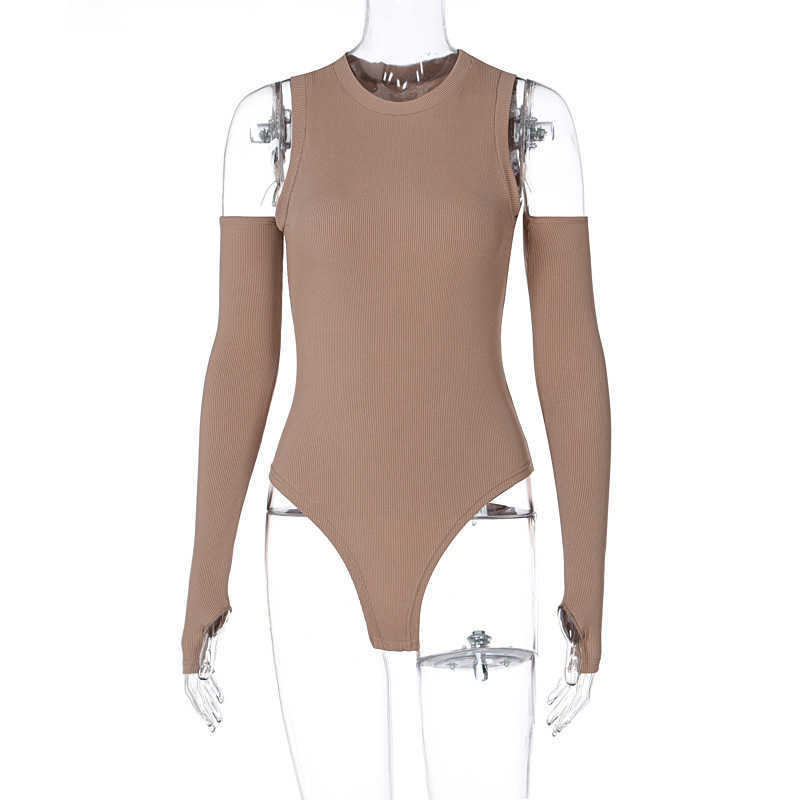 Colysmo Sleeveless Bodysuit Top with Gloves Crewneck Solid Color Buttons Slim Fit Knitted Romper Women Casual Basic Sexy 210527