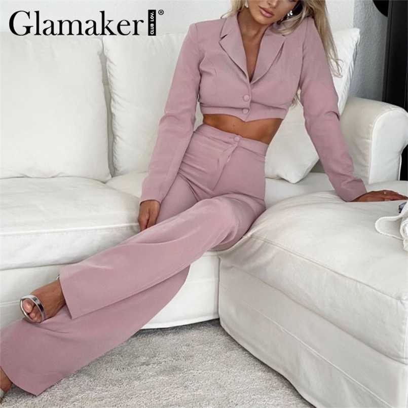 Glamaker Pink purple 2 piece suit sets Women sexy short blazer and flared pants Office lady set autumn female sets sexy outfits 211007