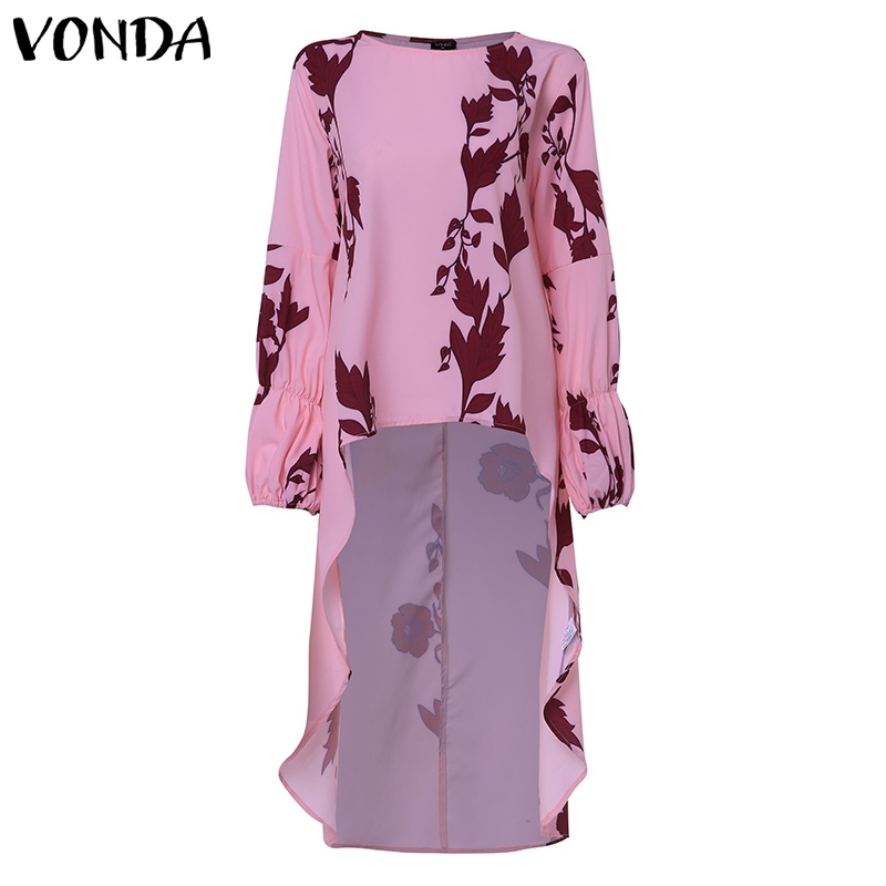 Plus Size Women's Summer Blouse VONDA Bohemian Printed Top Irregular Hem Shirt Female O Neck Casual Tunic Long Sleeve Blusa T200502