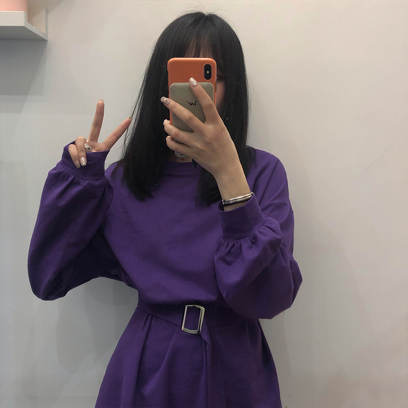 7 Colors Autumn and Winter New Solid Color Longsleeved Long T Shirt Women Female Waist Belt Tshirt Korean Style Tops T200319
