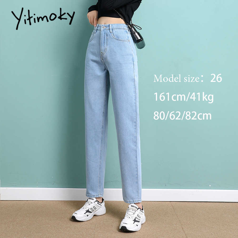 Yitimoky High Waist Jeans Woman Straight Sky Blue Denim Pants Plus Size Elastic Washed Casual Vintage Streetwear Mom Women 210922