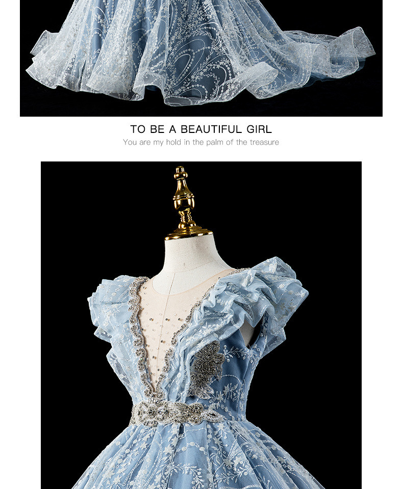 Puffy Flower Girls Dresses 3D Flower V Neck Long Sleeve Kids Teens Pageant Gowns Birthday Party Dress For Wedding long tail Gown 2021