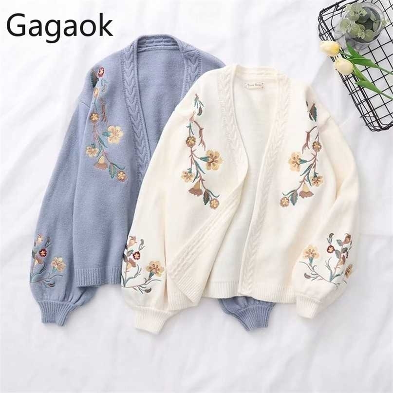 Gagaok Women Knitted Fashion Cardigan Spring Autumn V-Neck Lantern Sleeve Embroidery Floral Thick Loose Harajuku Female Sweater 211011Z