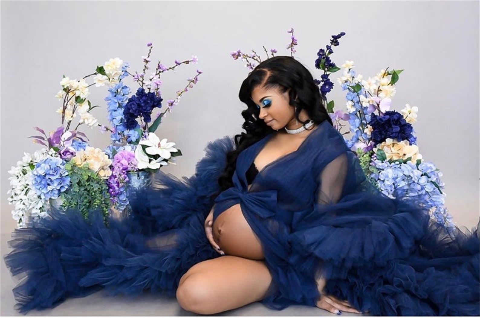 Navy Maternity Tulle Sleepwear Wedding Anniversary Robes Pregnancy Lady Art Photography Dress Custom Made Long Sleeve Party Evening Gowns