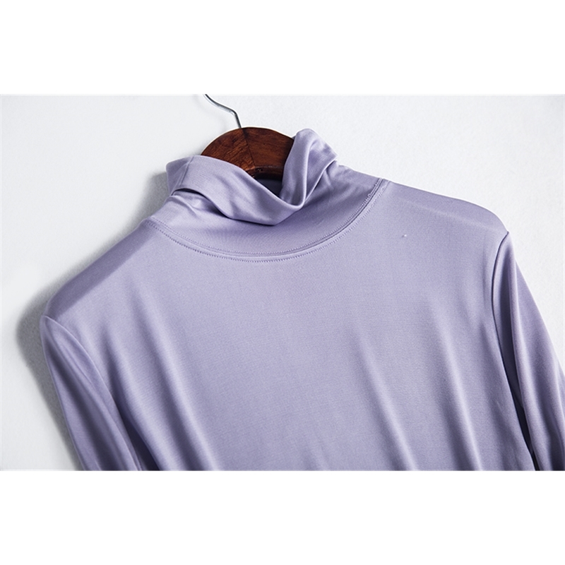 SuyaDream Women T shirt Real Silk Basic Turtleneck Long sleeve Solid Bottoming-shirt FALL WINTER Green Plus size Spandex top 210309