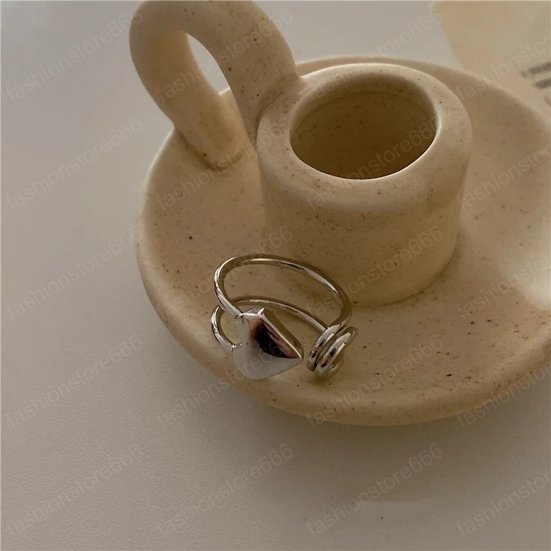 New Retro Geometric Rectangular Pin Heart-shaped Hollow Chain Metal Adjustable Opening Rings for Women Girl Jewelry