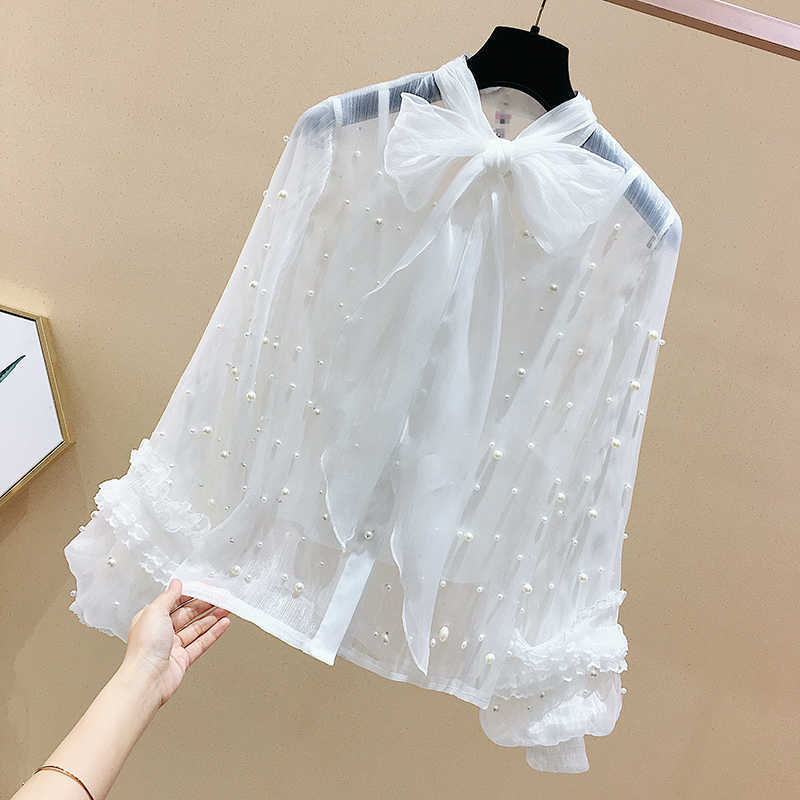 Spring Sweet Bow Solid Beading Full Chiffon Shirts Women Blouse 210615Z
