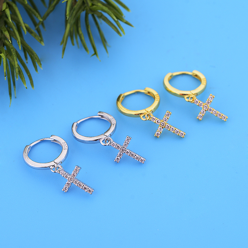 Authentic 925 Sterling Silver Gold Color Cross Dangle Hoop Earrings Women Girls Fashion Zircon Crystal Jewelry Gift Bijoux