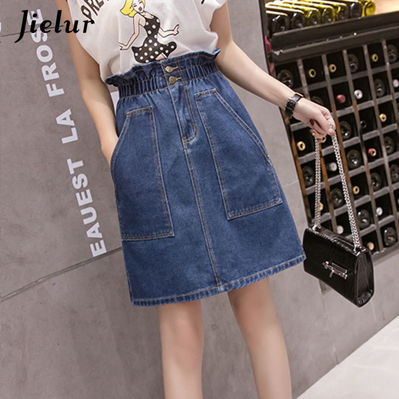 Jielur Plus Size High Waist Denim Skirt Big Pocket Autumn Skirt Simple Women Korean Style Leisure Chic Blue Skirts 210309