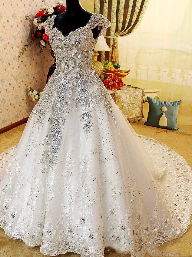 Bling Bling Heavy Beading Wedding Dresses Crystals Beaded princess church Bridal Gowns Lace Sweep Train Wedding Vestidos