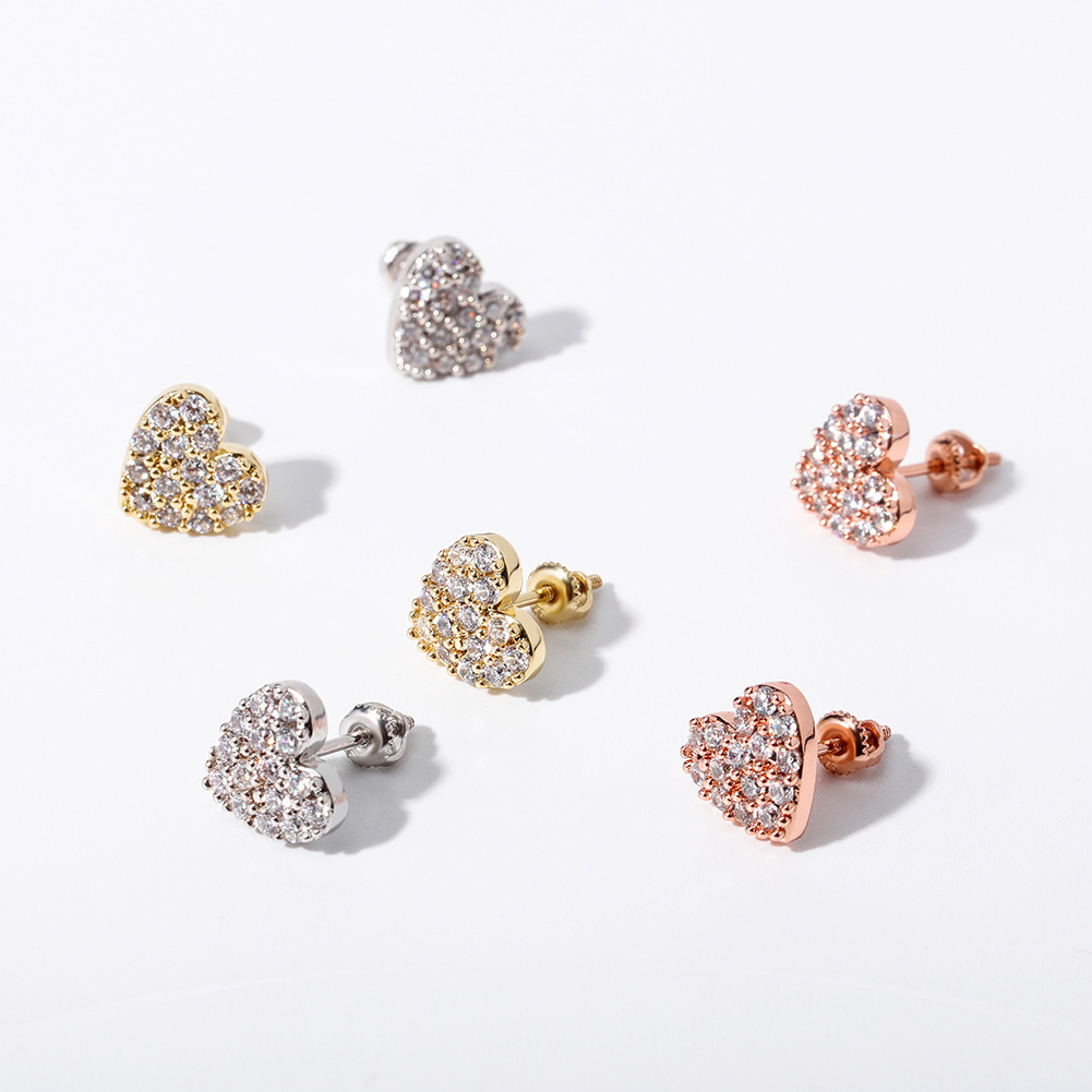 Hip Hop Heart Shape Stud Earring Bling 18K Real Gold Plated 925 Sterling Silver Prevent Allergy Earrings for Women Gift