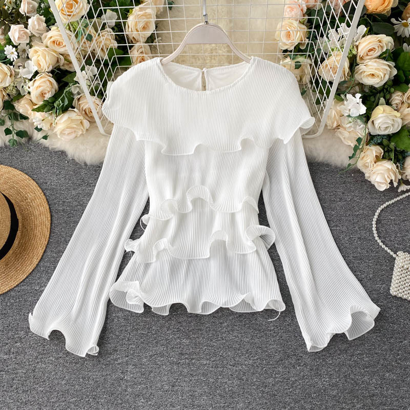 Ins 3D Flounce Round Neck Long Flare Sleeve Pleated Women's Chiffon Blouse Lady Solid Color Elegant Shirts and Tops N744 210308
