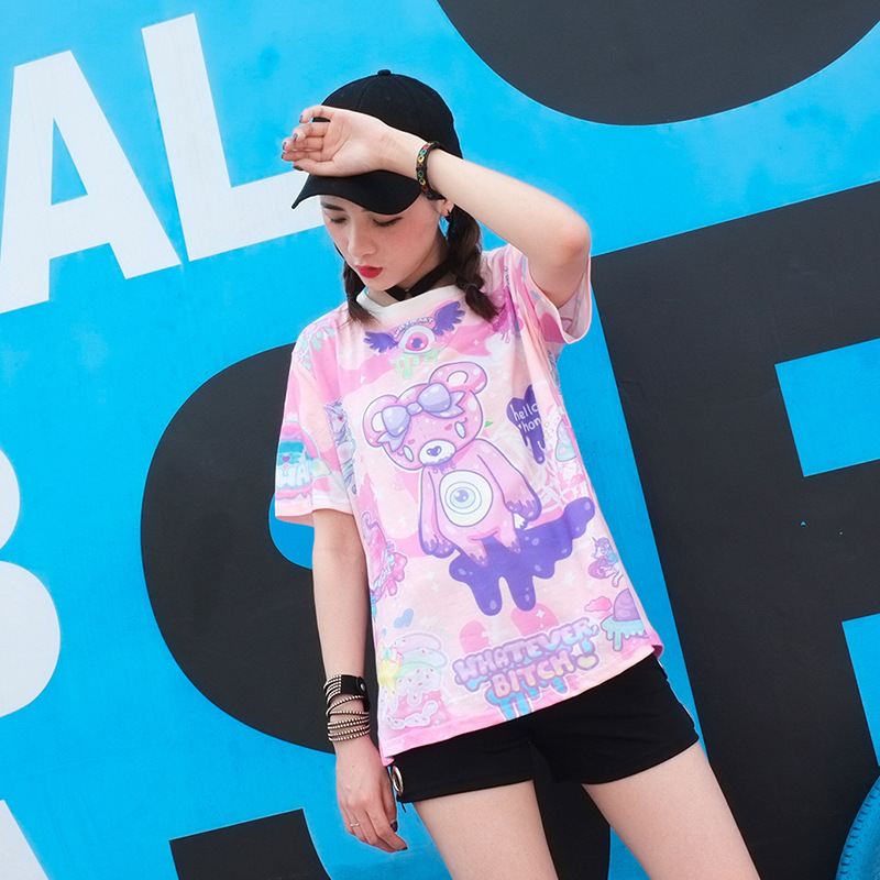 Pastel Goth Cute Pink T Shirt Bear Monsters Whatever Bitch Graffiti Funny Casual T-shirt Women Fashion Novelty Short Sleeve Tee 210306