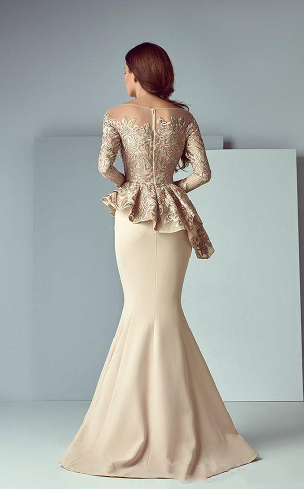 Champagne Lace Stain Peplum Evening Formal Wear Dresses 2021 jewel sheer Neck Long Sleeve Dubai Arabic Mermaid Prom Dress