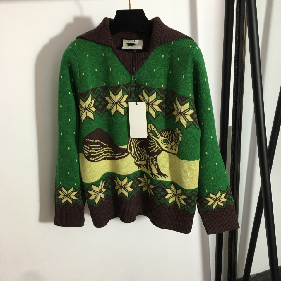 2021 Autumn Milan Runway Sweaters Lapel Neck Long Sleeve Women' Sweater High End Jacquard Pullover Designer Coats 0823-28, Green