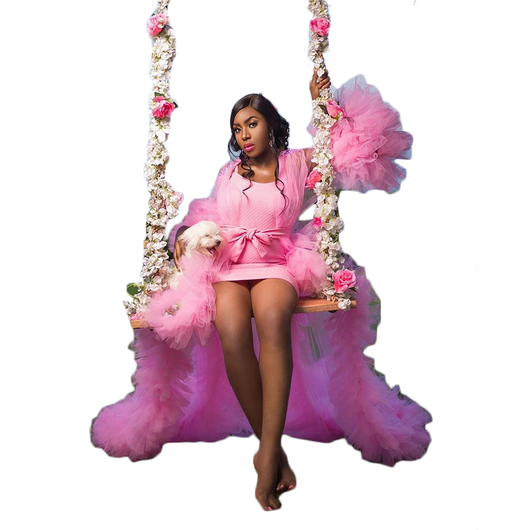 Lovely Pink Tulle Kimono Long Sleepwear Robes Ruffles Night Robe Photography Bridal Party Nightgown Robes for Women