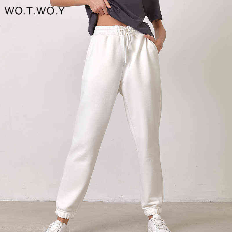 WOTWOY Winter High Waist Fleece Pencil Pants Women Solid Drawstring Thick Trousers Casual Cotton Stacked Sweatpants Femme 211115