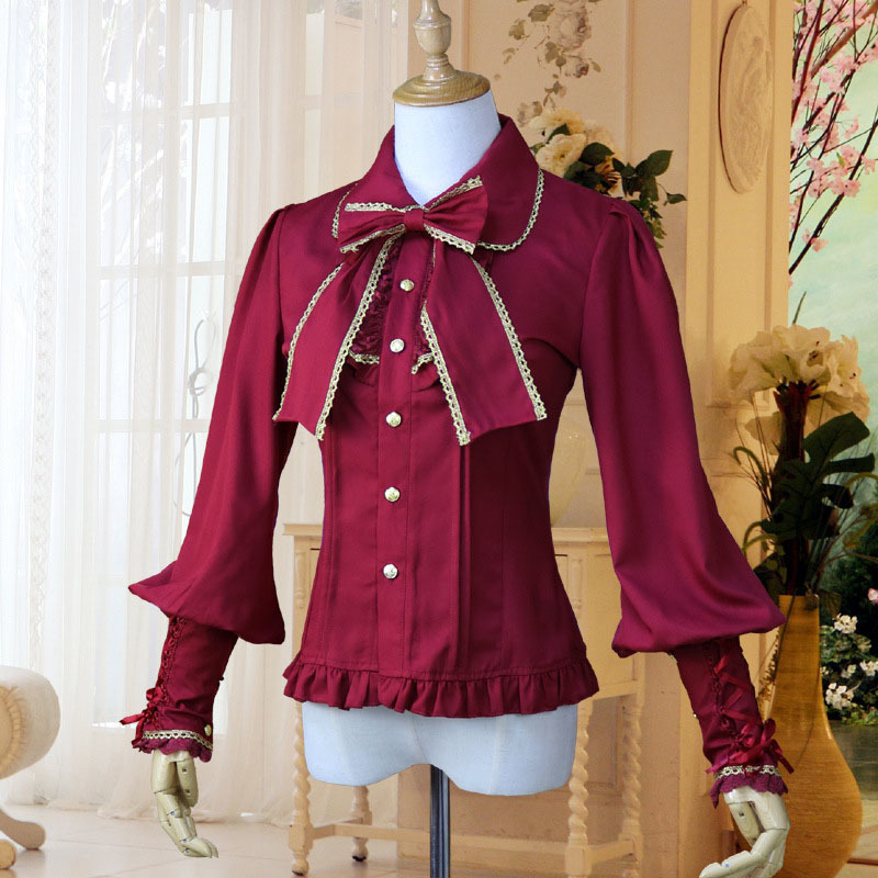 Dress Shirt Steampunk Victorian Costume Women Vintage Slim Fit Chiffon Blouse Lolita Bow Tie Lantern Sleeves Top Braid For Lady 210225