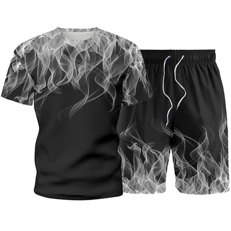 Men's Sets Summer Flame Print Men Tracksuit Casual Short Sleeve T-shirt+Shorts Two Piece Fashion Sportswear Male Sports Suit 210603